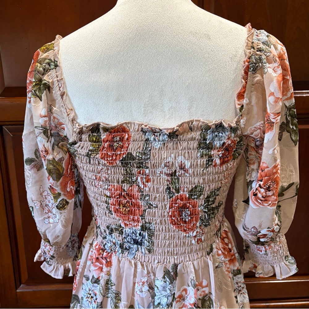 NWT Baltic Born SzSm taupe/peach/gold/floral tiered dress - Picture 3 of 15